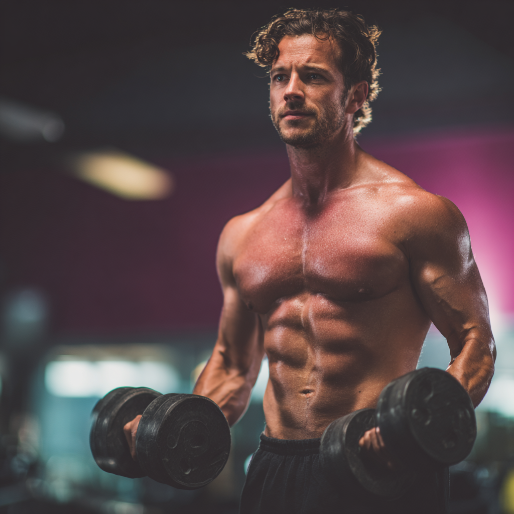 Confident muscular man in gym setting lifting weights with determination and focus
