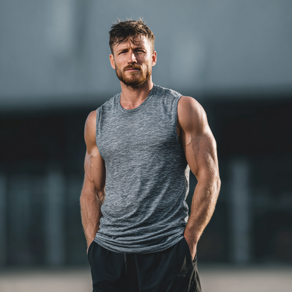 Determined athlete in workout gear standing confidently after intense training session with visible transformation results