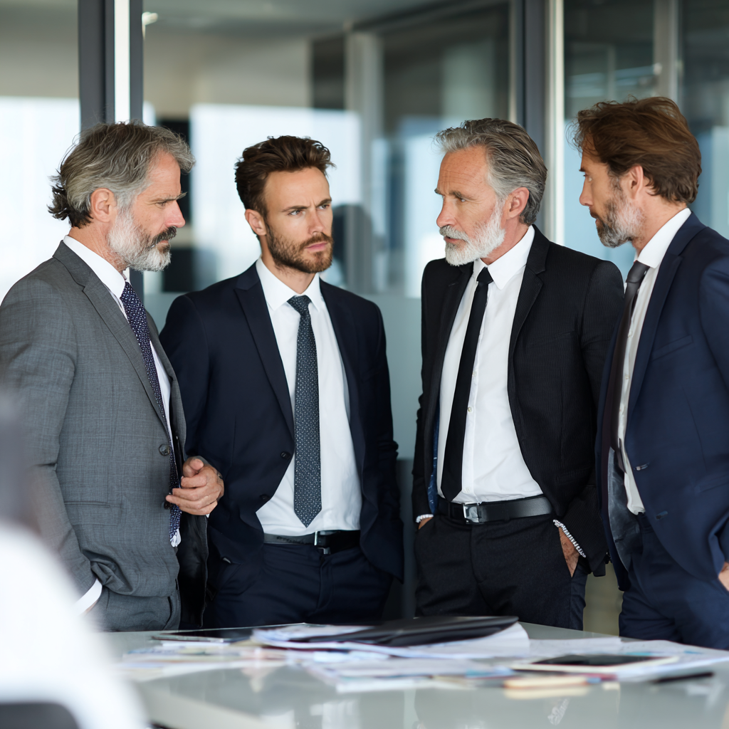 Group of successful men in business attire discussing strategies in modern office environment